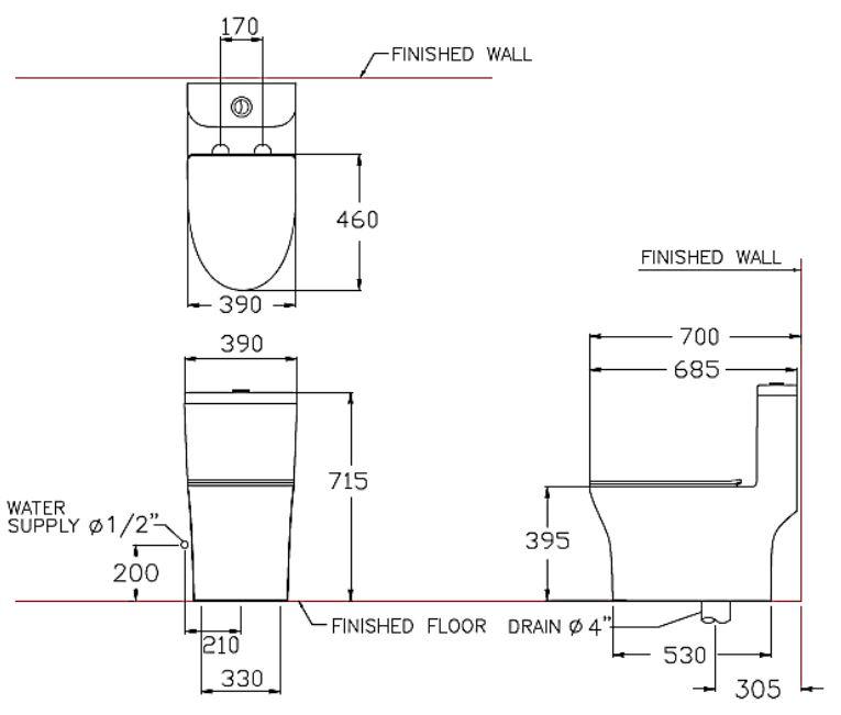 Bản vẽ kích thước bồn cầu 1 khối Cotto C11006H