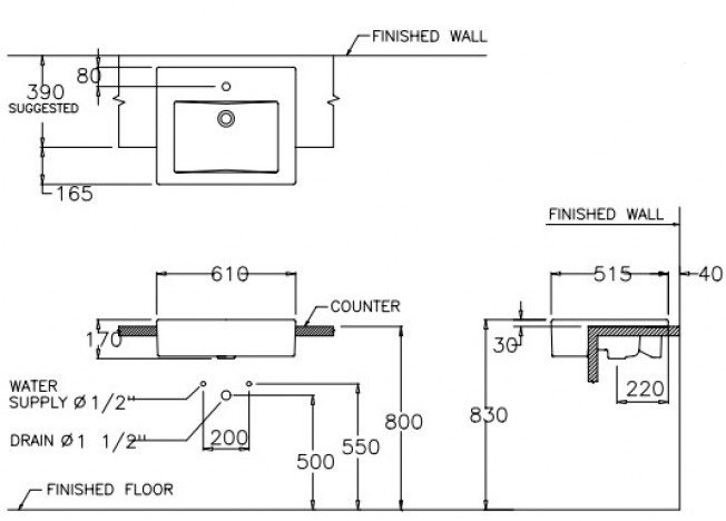 Bản vẽ kích thước chậu lavabo Cotto C 0225