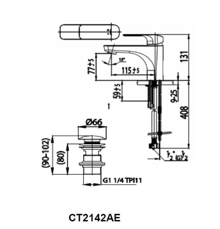 Bản vẽ kích thước vòi lạnh lavabo COTTO ct 2142 ae