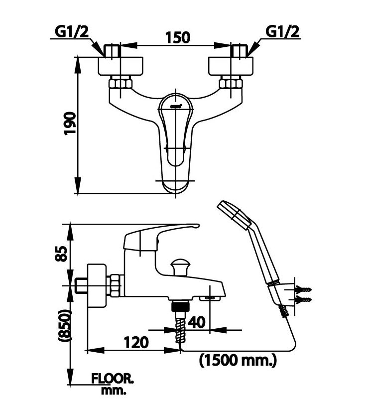 Bản vẽ kĩ thuật kích thước vòi sen tắm CT366E COTTO